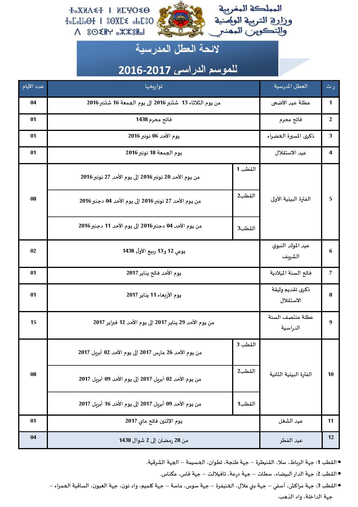 لائحة العطل المدرسية 2016-2017